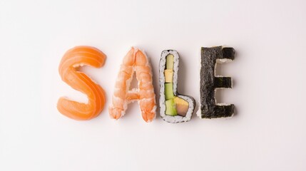 sale spelled with fresh sushi pieces arranged on white surface in a culinary display copyspace concept of restaurant advertising, discount promotion
