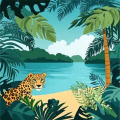 A majestic leopard rests amid lush green foliage by the tranquil waters of a tropical paradise.