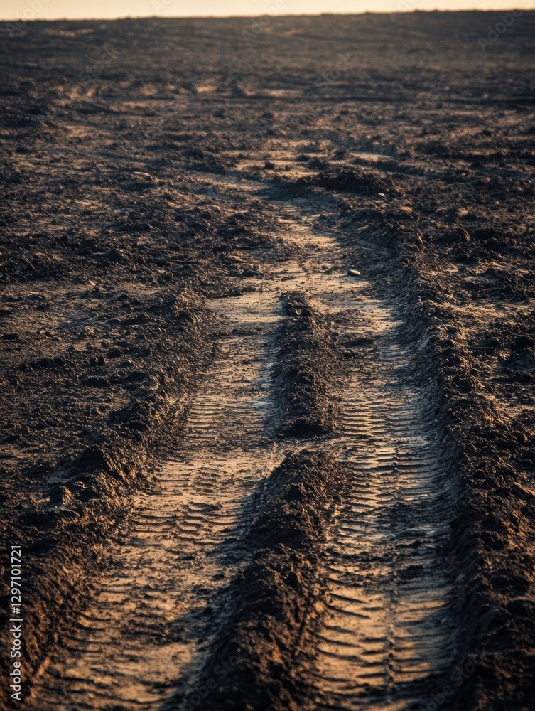 Poster tire tracks winding through the sandy terrain at sunset near a vast and empty landscape. generative 