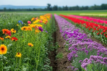 Fototapeta premium Colorful flower fields in full bloom with rows of vibrant blossoms stretching into the distance, creating a picturesque rural landscape