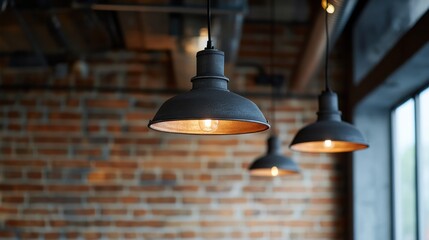 Obraz premium Three Black Industrial Pendant Lights with Brick Wall