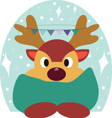 Rudolph the reindeer in a warm scarf, mittens and with a snowflake on his nose. Vector illustration for icon, logo, print, icon, card, emblem, label.