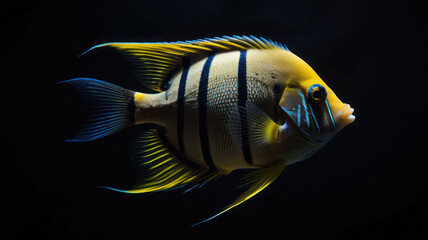 Naklejka premium Angelfish Gracefully Gliding Through A Dark Shadow Background