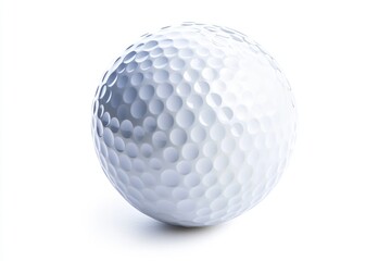 A close-up view of a single golf ball on a white surface