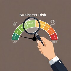 Business risk gauge with low to high indicator. A hand holding a magnifying glass over a risk scale, symbolizing business risk assessment and management.