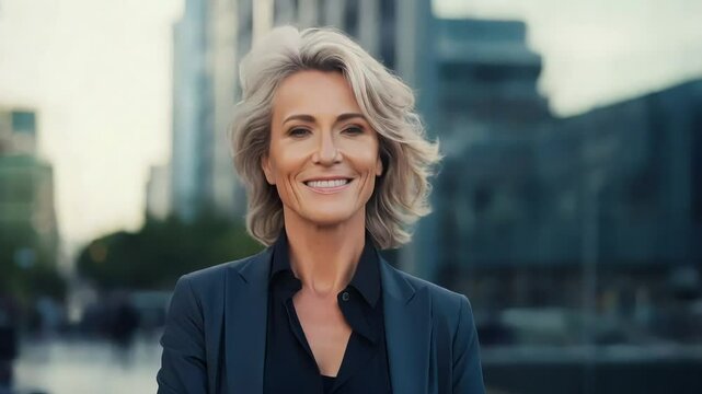 Smiling business woman 60 years old against the backdrop of a business center.