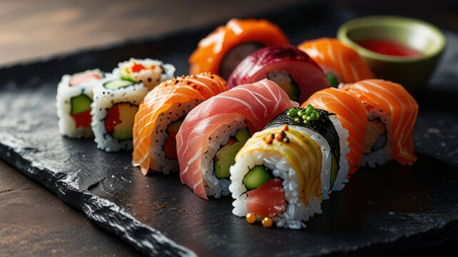 Beautiful bright sushi maki and nigiri rolls with tuna. Serving on black stone of Japanese cuisine in the restaurant. sunset light. warm light. conceptual serving.