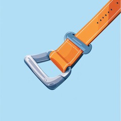 Close-up of a sleek orange belt with metallic buckle against a light blue background.