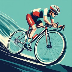 Fototapeta premium A dynamic male cyclist in a red and teal suit racing down a slope with intense focus and speed.