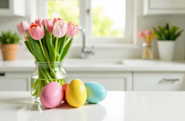 Spring tulips and colorful easter eggs on sunny kitchen counter
