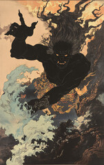 Dark hand silhouette is featured on a textured backdrop. Abstract artwork with shadowy and dramatic style. The image evokes artistic expression and mystery.