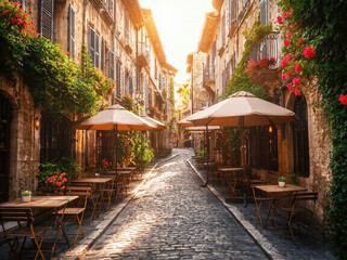 Fototapeta premium A charming cobblestone street is lined with cozy cafés, lush greenery, and warm sunlight filtering through historic buildings 