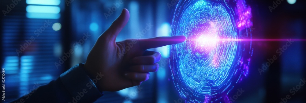 Poster Futuristic hand interacting with glowing holographic projection in advanced technology environment. Generative AI