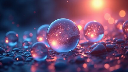 Naklejka premium Glowing orbs of liquid light hovering in midair, reflecting and refracting vibrant colors, pulsing gently as if responding to unseen cosmic waves.