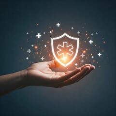 Health Insurance and Medical Protection Concept. A hand holds a glowing medical shield icon, symbolizing health insurance, healthcare protection, medical security, and welfare