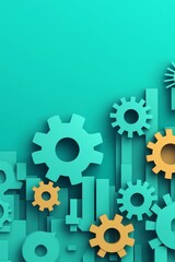 Innovative gear mechanisms modern workspace abstract illustration vibrant colors elevated perspective engineering concept