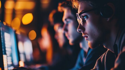 Young programmer working in a dimly lit tech workspace