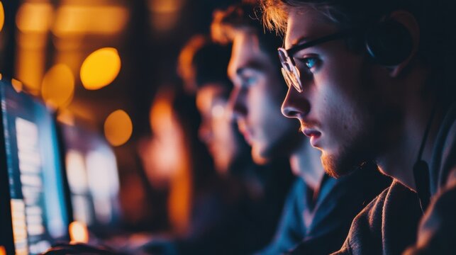 Young programmer working in a dimly lit tech workspace