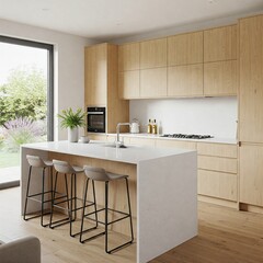 A contemporary kitchen interior featuring wooden cabinetry and a sleek countertop, blending functionality with modern aesthetics. 3D Rendering.