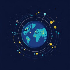 Stylized digital illustration of Earth surrounded by network connections and nodes, symbolizing global communication.