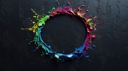 Colorful paint splash forming a ring on a dark textured background