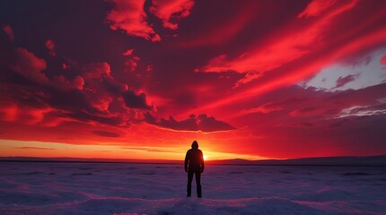 Fototapeta premium Silhouetted figure stands against a dramatic sunset, with vibrant reds, oranges, and purples over a snow-dusted landscape.
