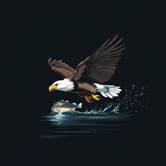Obraz premium A majestic eagle swoops down over water, capturing a fish with precision and grace.