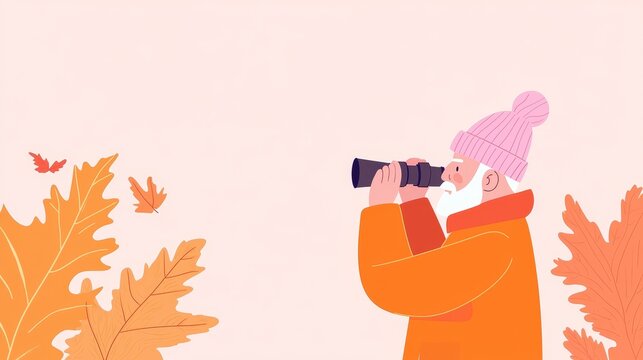 Autumn adventure elderly man observing nature with binoculars cozy setting digital illustration warm colors