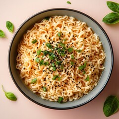 Delicious Bowl of Steaming Noodles with Fresh Herbs and Spices