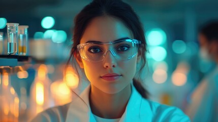 Focused young woman wearing glasses and a lab coat, working in a modern laboratory filled with colorful liquids.