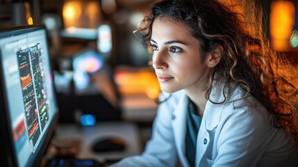 Focused young female scientist working on a computer, analyzing data with colorful graphs and charts in a modern lab.
