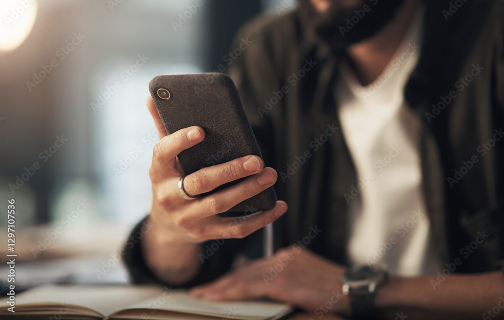 Poster phone, research and hands with business man in office for planning, typing and client feedback. comm