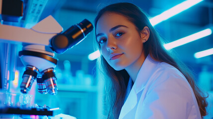 Hispanic female bioengineer examines DNA samples in a modern lab