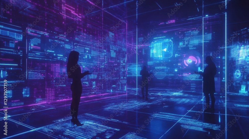 Aufkleber Individuals engaging with digital technology in a futuristic environment during a cyber themed event. Generative AI