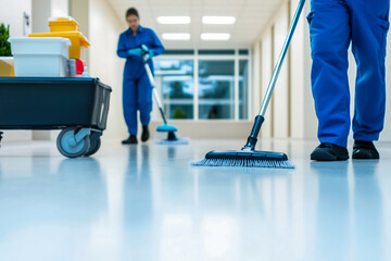 Professional Cleaning Crew in Action. Several people cleaning a spacious area, illustrating the concept of thorough cleaning