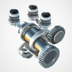 A futuristic mechanical device with three cylindrical components and interlocking gears, emphasizing precision engineering.