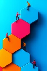 Climbing success colorful hexagonal steps modern office space digital art motivational concept