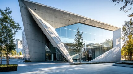 Modern concrete architectural building with expansive glass windows and a blue sky