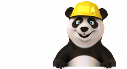3D character of a cheerful panda wearing a yellow construction helmet on a white background