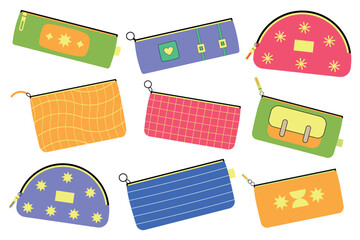 Set of pencil cases. Collection of school pencil cases in flat style. Vector illustration.