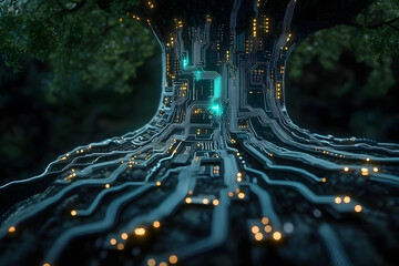 Artificial intelligence tree with circuit board connections, symbolizing technology and innovation in a digital forest landscape