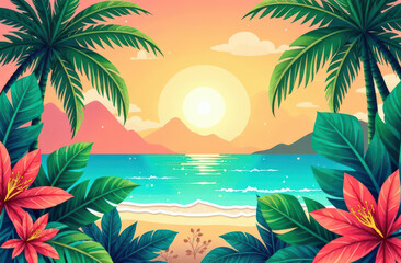 Tropical beach sunrise with palms and colorful flowers under orange sky