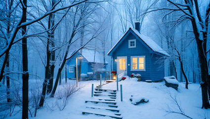 Winter cabin, snowy forest, glowing windows, twilight, mystical atmosphere, wooden steps, blue tones, foggy woods, cozy retreat, bare trees, peaceful scene, illuminated interior, secluded hideaway, 