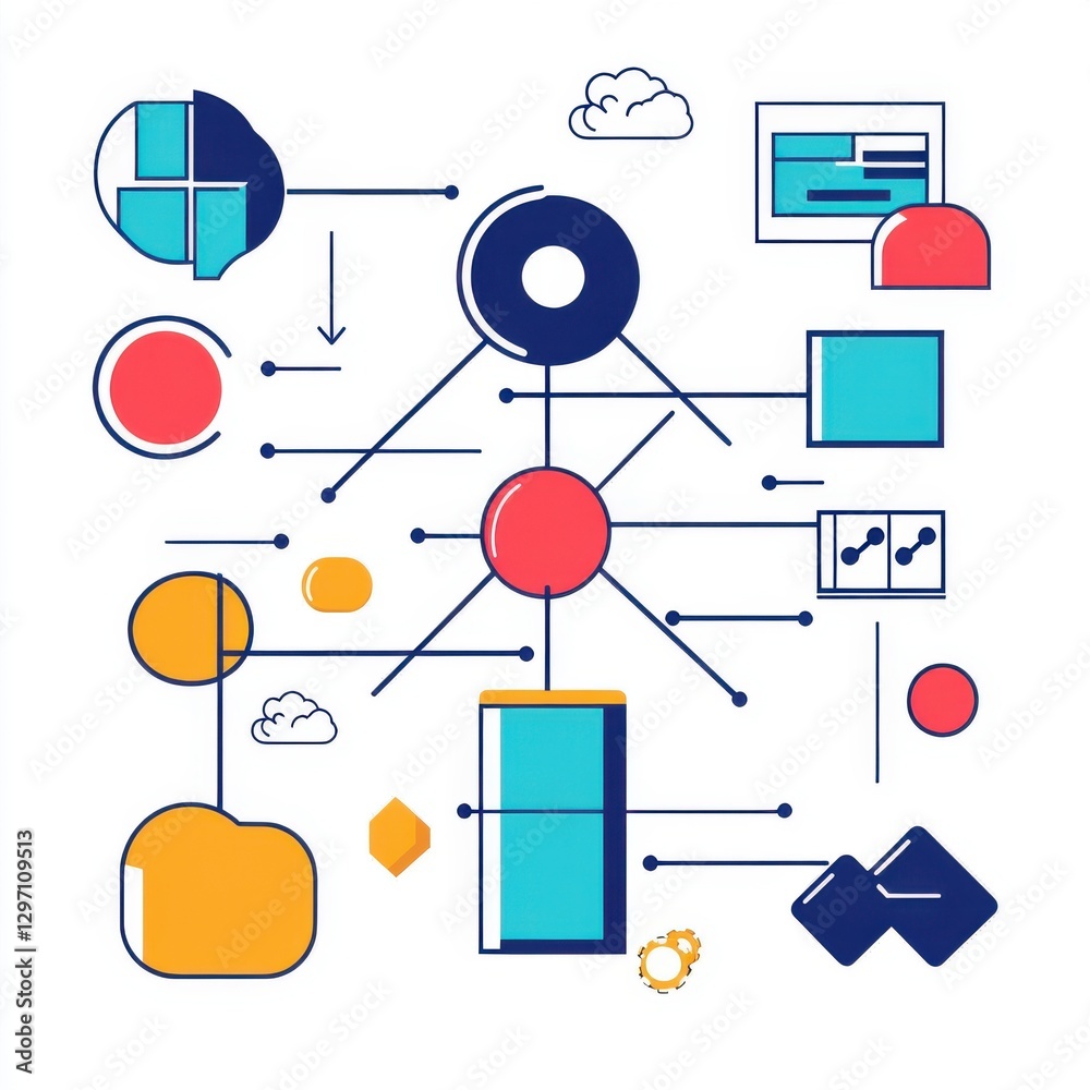 Poster colorful abstract network diagram with interconnected shapes representing data flow and communicatio