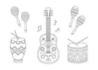 Ethnic musical instruments coloring page. Outline set with guitar, drum, drumsticks, conga, maracas and notes. Latin music festival, brazil carnival contour collection. Coloring book for print