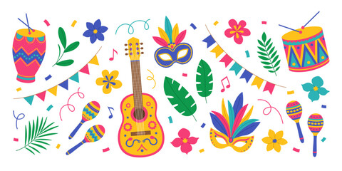 Brazil Carnival set with guitar, maracas, drums, masks with feathers, flowers, leaves, garlands and confetti. Festival elements collection. Vector flat illustration for banner, poster
