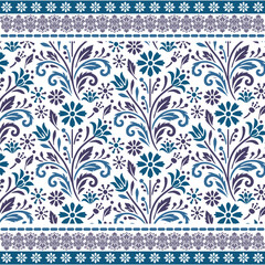 stylish blue baroque floral seamless pattern with intricate border for fabric and invitations
