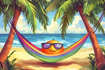 Naklejka premium Cheerful orange relaxing in a rainbow hammock on a tropical beach