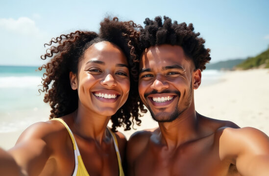 Smiling african young adults enjoying sunny beach day together