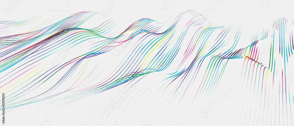 Wall mural multicolored wave of glowing dots. futuristic dot wave of bright particles on light background. weav